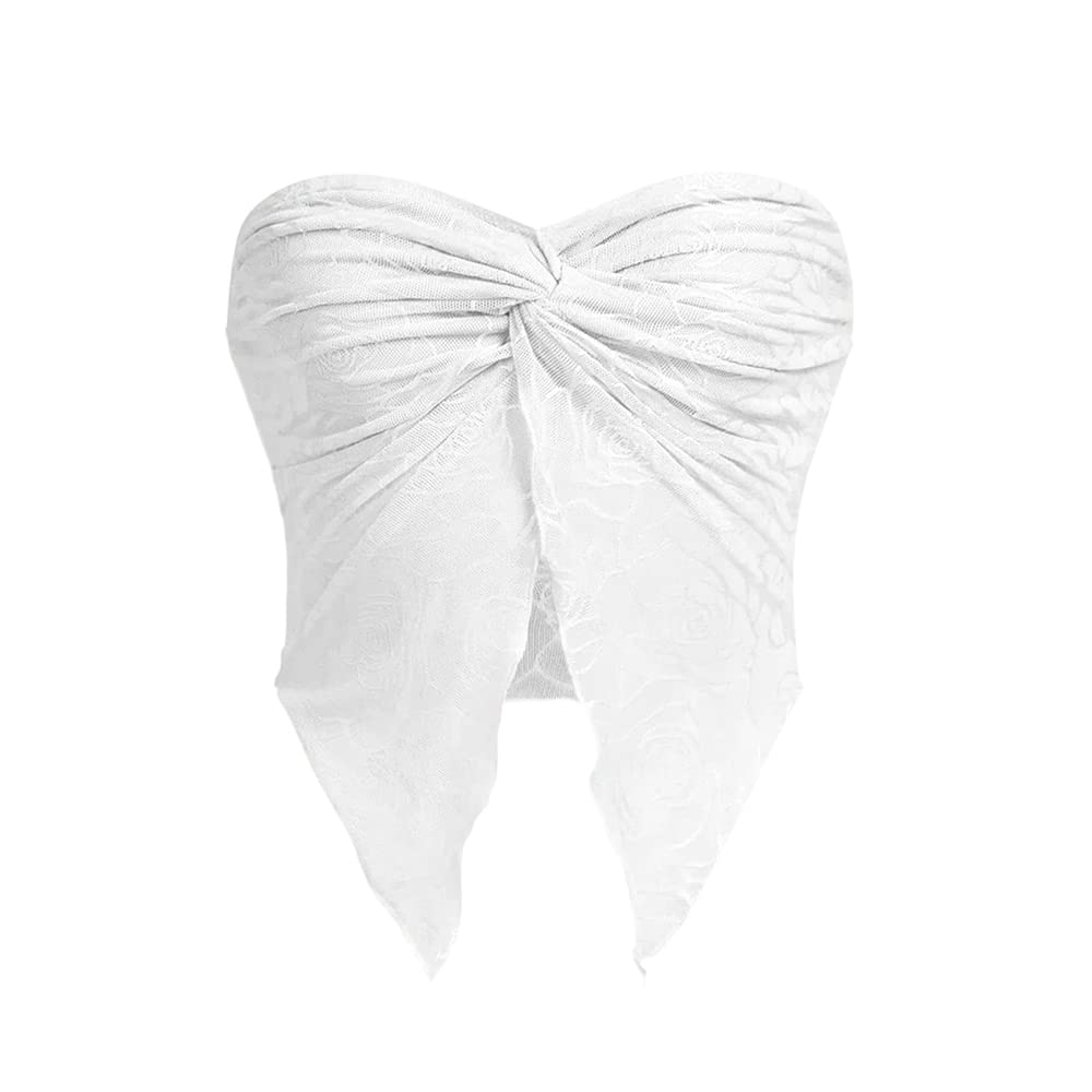 Meladyan Woman Twist Knot Front Split Embroidery Lace Crop